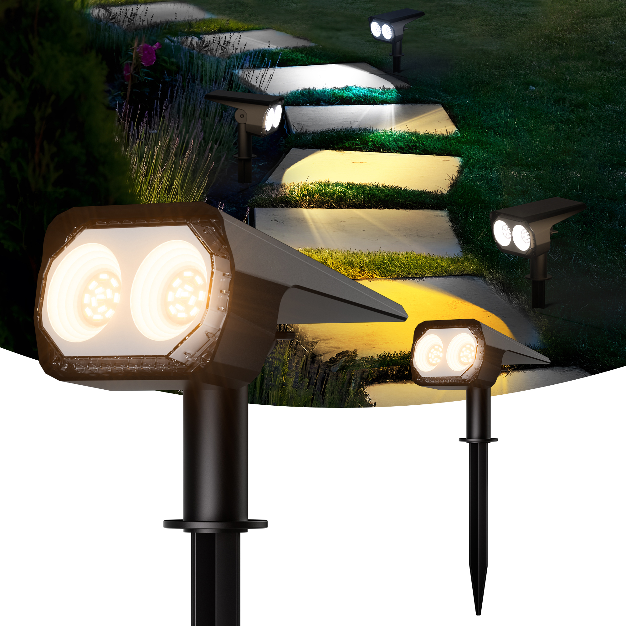 ASHIP Solar Spotlights, Solar Lights Outdoor 2 Pack, 3 Color Warm White \u0026 Cool White 26 LEDs Solar Powered Garden Lights IP65 Waterproof, Solar Landscape Spotlights for Yard Lawn Driveway Garage